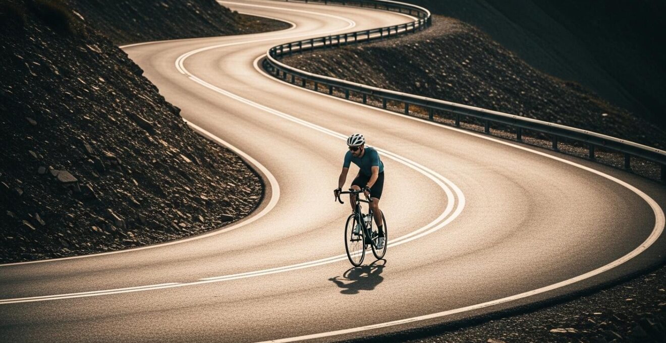 Radfahrer beim Bergauffahren auf einer kurvigen Asphaltstraße mit sichtbaren Steigungswechseln und landschaftlicher Kulisse