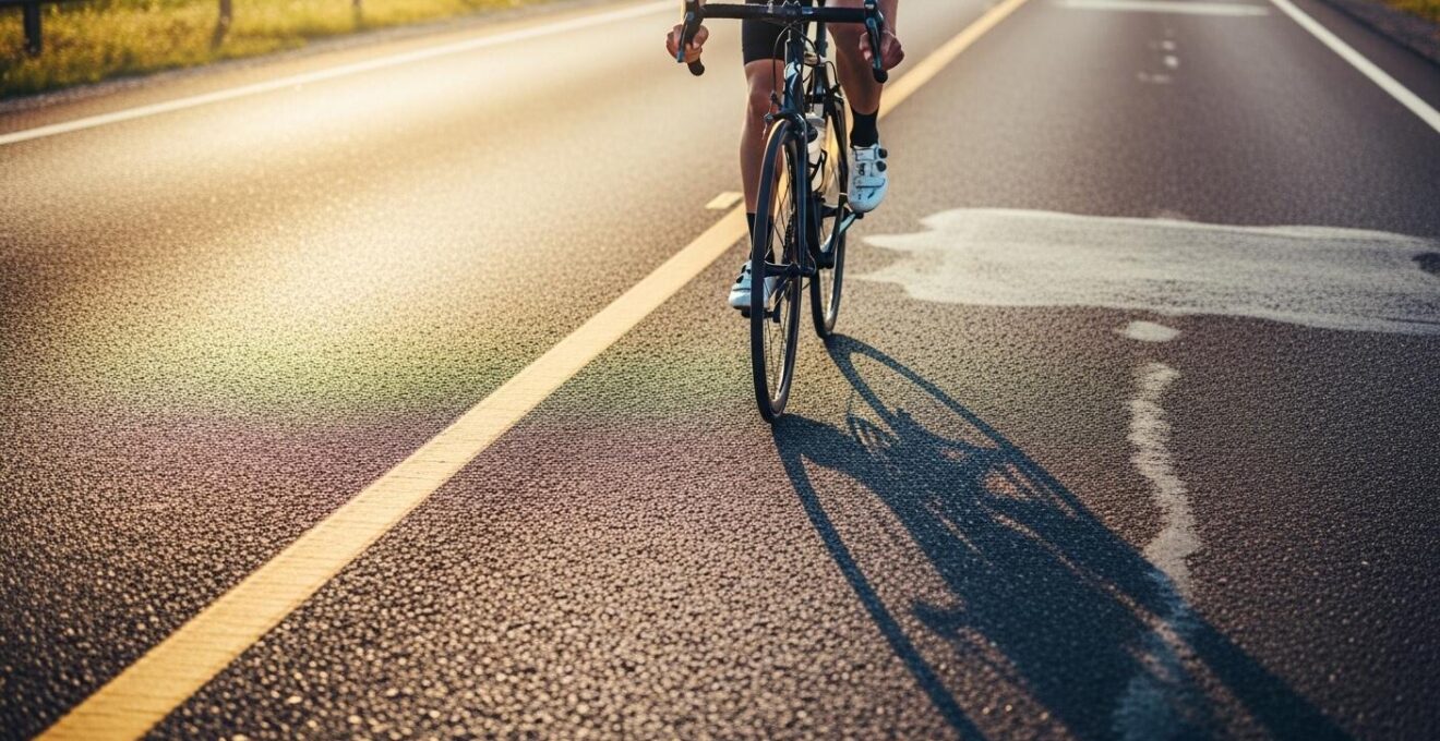 Cyclist riding on a smooth asphalt road with dynamic lighting showcasing the texture and color variations of the road surface