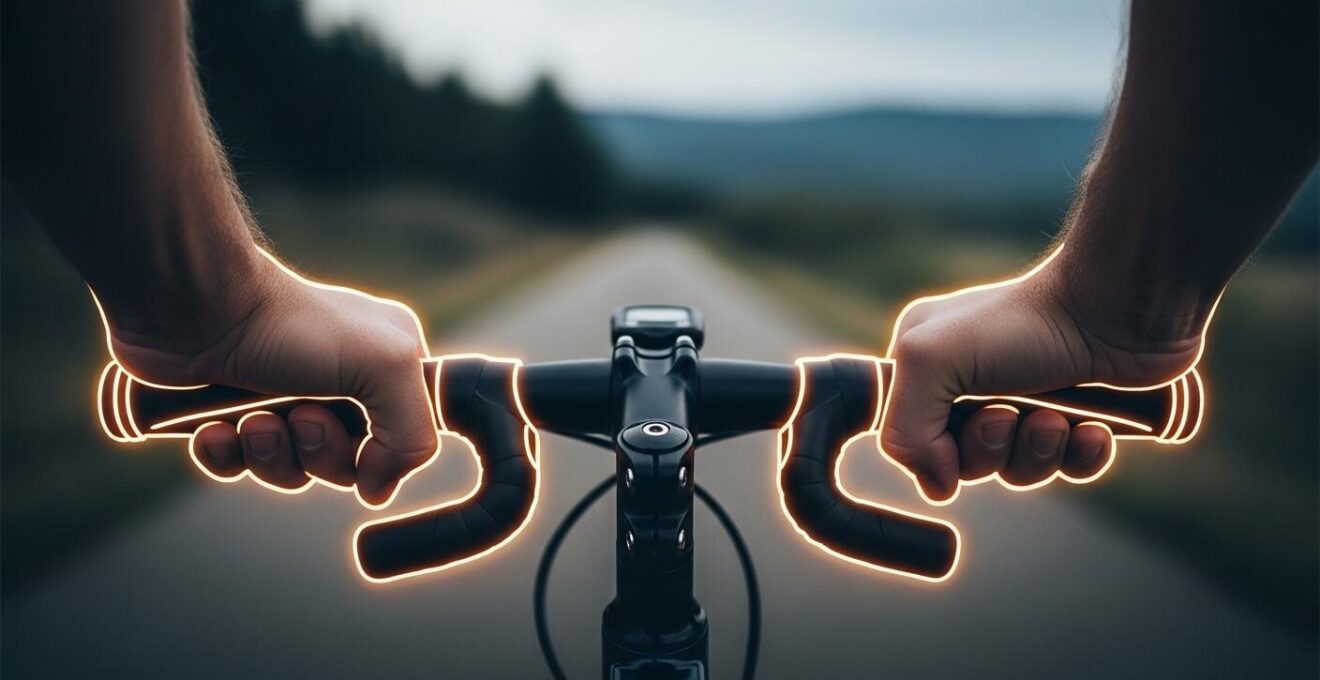 Eine Person fährt Fahrrad und hält ergonomische Griffe, Hände entspannt ohne Taubheitsgefühl