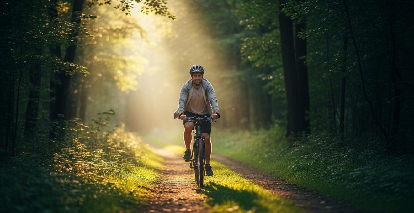 Fahrradfahrer in einer lebendigen Naturumgebung, der Freude und Vitalitaet beim Radfahren zeigt