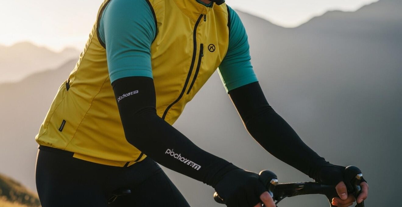 Ein Radfahrer in funktionaler, schichtweiser Radbekleidung mit Weste, Unterhemd und Arm- und Beinlingen, der in einer Berglandschaft bei wechselhaftem Wetter unterwegs ist