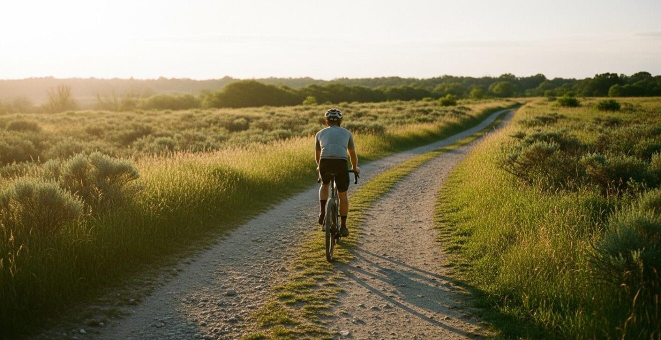 Gravel-Biker auf einem abwechslungsreichen Schotterweg in offener Landschaft bei Abendlicht