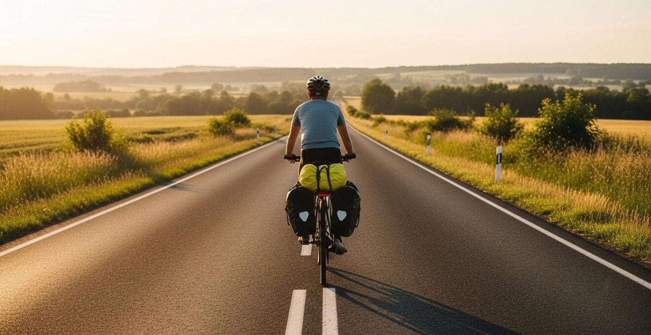 Radfahrer auf einer malerischen Landstraße mit leicht bepacktem Fahrrad, strahlender Himmel, Symbol für stressfreie mehrtägige Fahrradtour