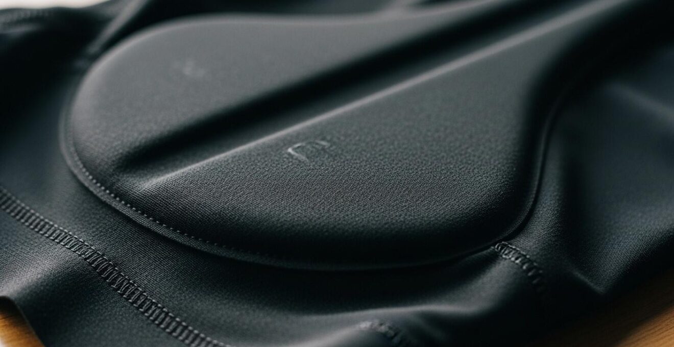 Nahaufnahme einer Radhose mit sichtbar ergonomischem Sitzpolster und atmungsaktivem Material