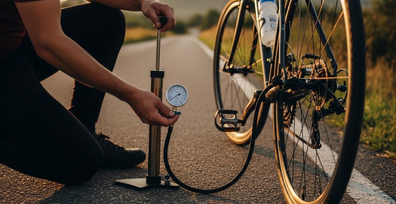 Cycliste vérifiant la pression des pneus de son vélo sur une route pittoresque de randonnée cycliste