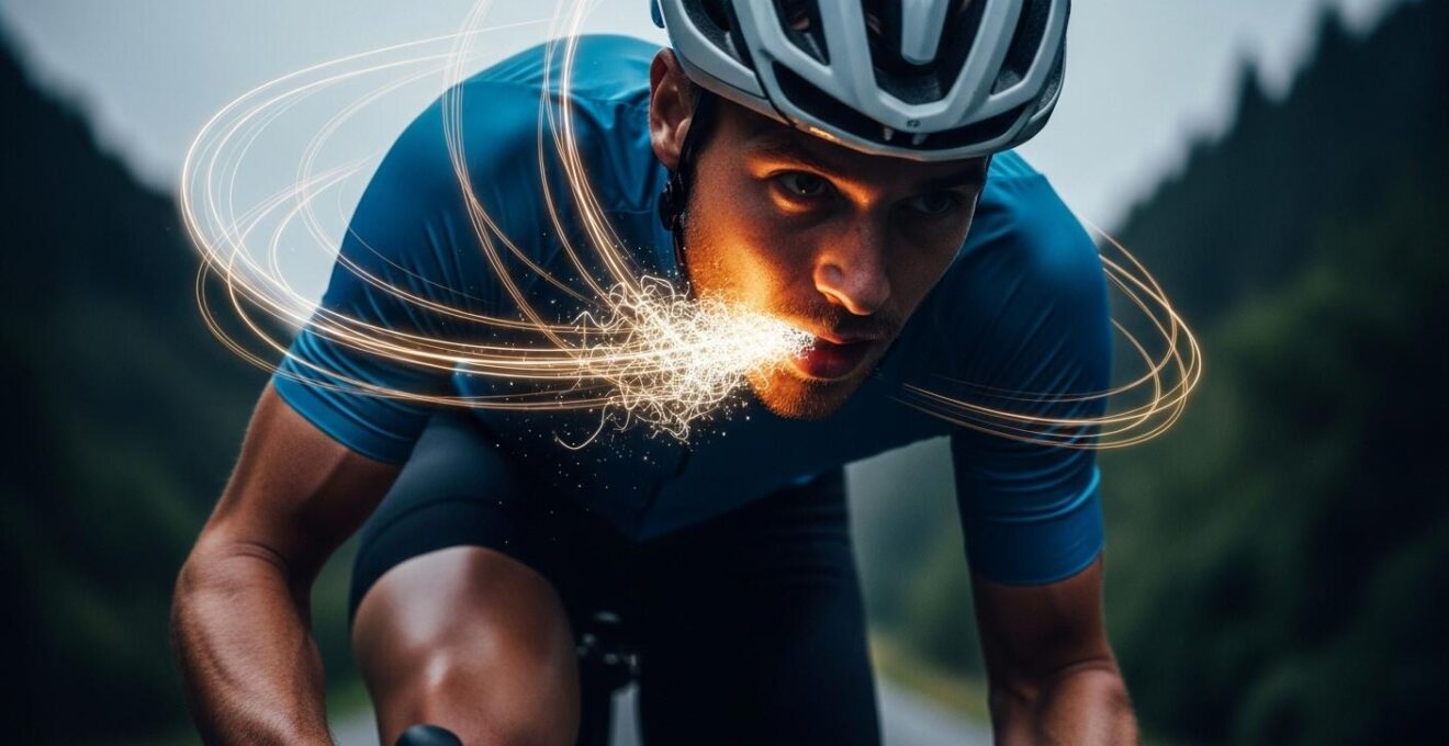 Fokussierter Radfahrer, der hochkonzentriert einen steilen Berg erklimmt, mit leuchtenden Atemlinien zur Visualisierung kontrollierter Atmung