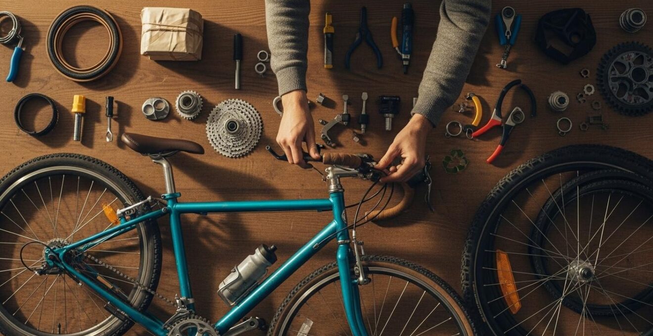 Nachhaltige Fahrradkomponenten und Zubehör in einer Werkstatt mit reparaturfreundlichen und umweltfreundlichen Produkten