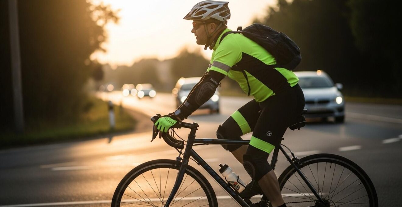 Fahrradfahrer in Schutzkleidung mit Helm und reflektierender Jacke auf einer Straße bei Sonnenuntergang