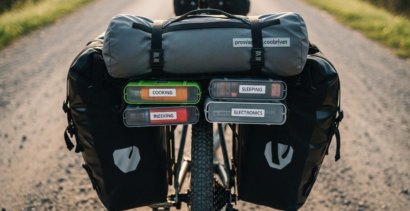Minimalistisch gepackte Fahrradtaschen mit modular organisierten Ausrüstungsgegenständen vor einem Naturhintergrund