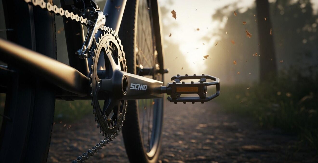 Ein perfekt gewartetes Fahrrad in einer ruhigen, naturnahen Umgebung mit Fokus auf die Kette und den Antrieb