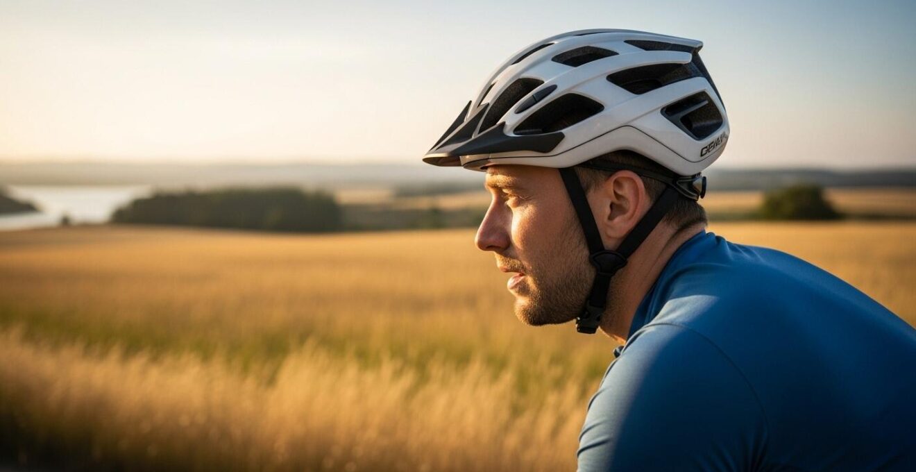 Ein Fahrradfahrer trägt einen perfekt sitzenden Helm auf einer landschaftlichen Fahrradtour unter blauem Himmel.
