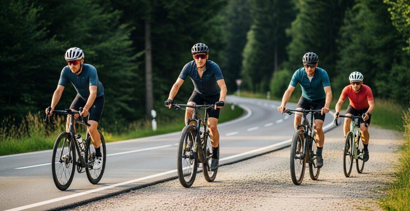 Bunte Darstellung mit Rennrad, Mountainbike und Gravel-Bike auf einer abwechslungsreichen Landschaftstour