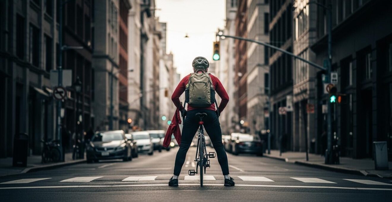 Ein Rennradfahrer in einer urbanen Umgebung mit falsch gewähltem Zubehör und Kleidung, die Fahrstabilität und Alltagstauglichkeit beeinträchtigen
