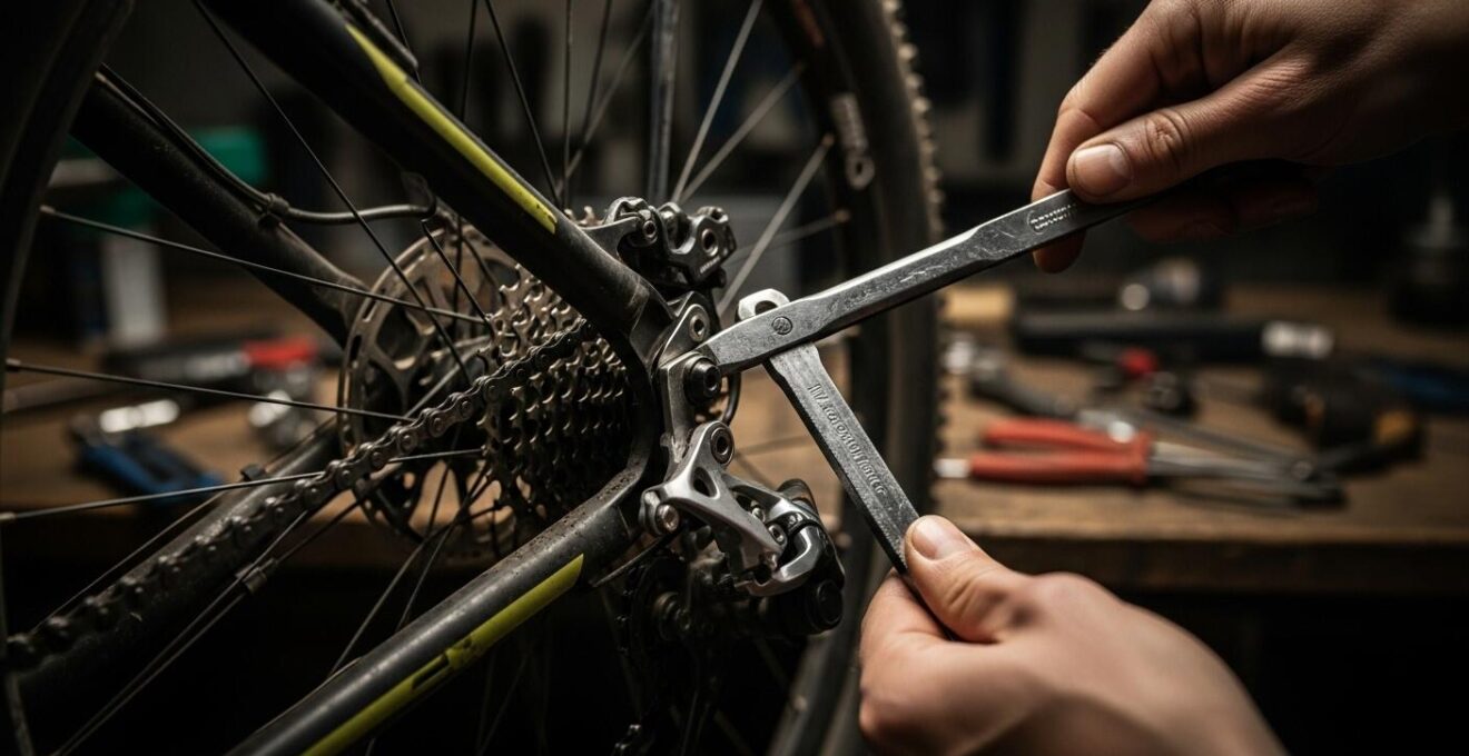 Detailbild eines verbogenen Schaltauges an einem Mountainbike, mit Werkzeug und Reparatur-Szene im Hintergrund.