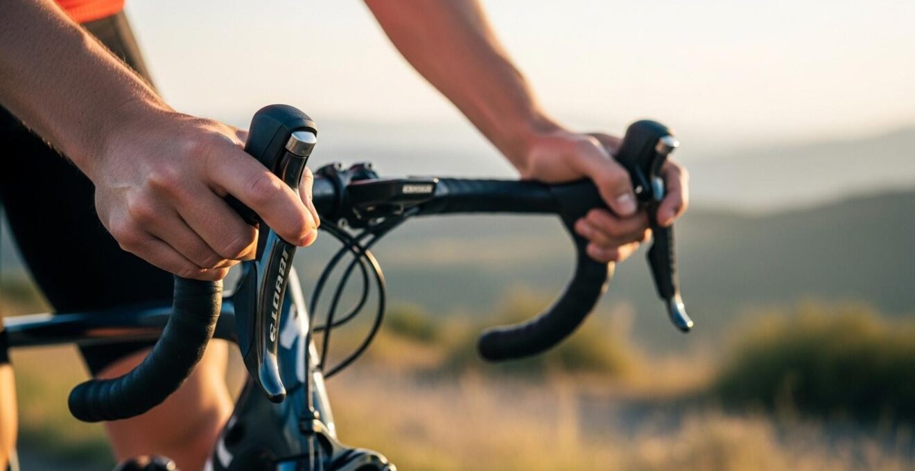 Ein professioneller Radfahrer schaltet an einem modernen Fahrrad präzise und intuitiv bei einer landschaftlich reizvollen Tour.