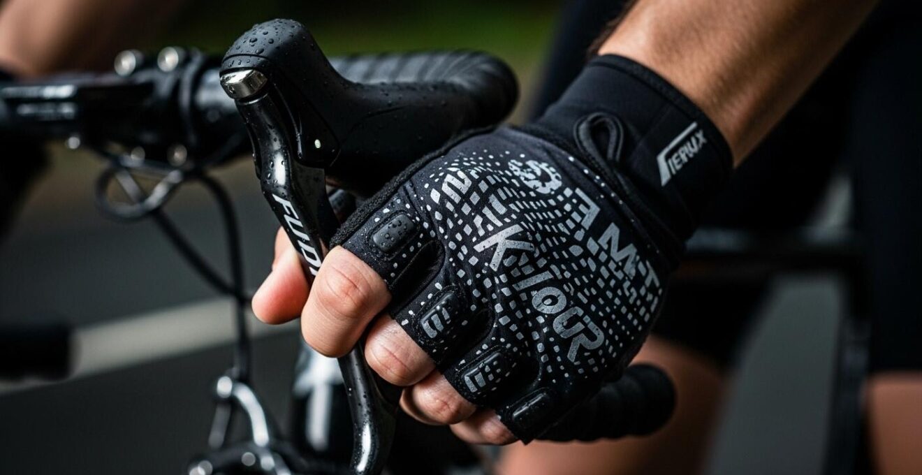 Fahrradhände mit eng anliegenden Handschuhen, sichtbare Gel-Polsterungen und Silikondruck