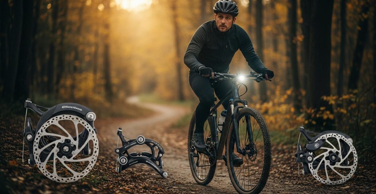 Ein konzentrierter Radfahrer fährt vorsichtig auf einem Waldweg, umgeben von Fahrrad-Sicherheitsausrüstung
