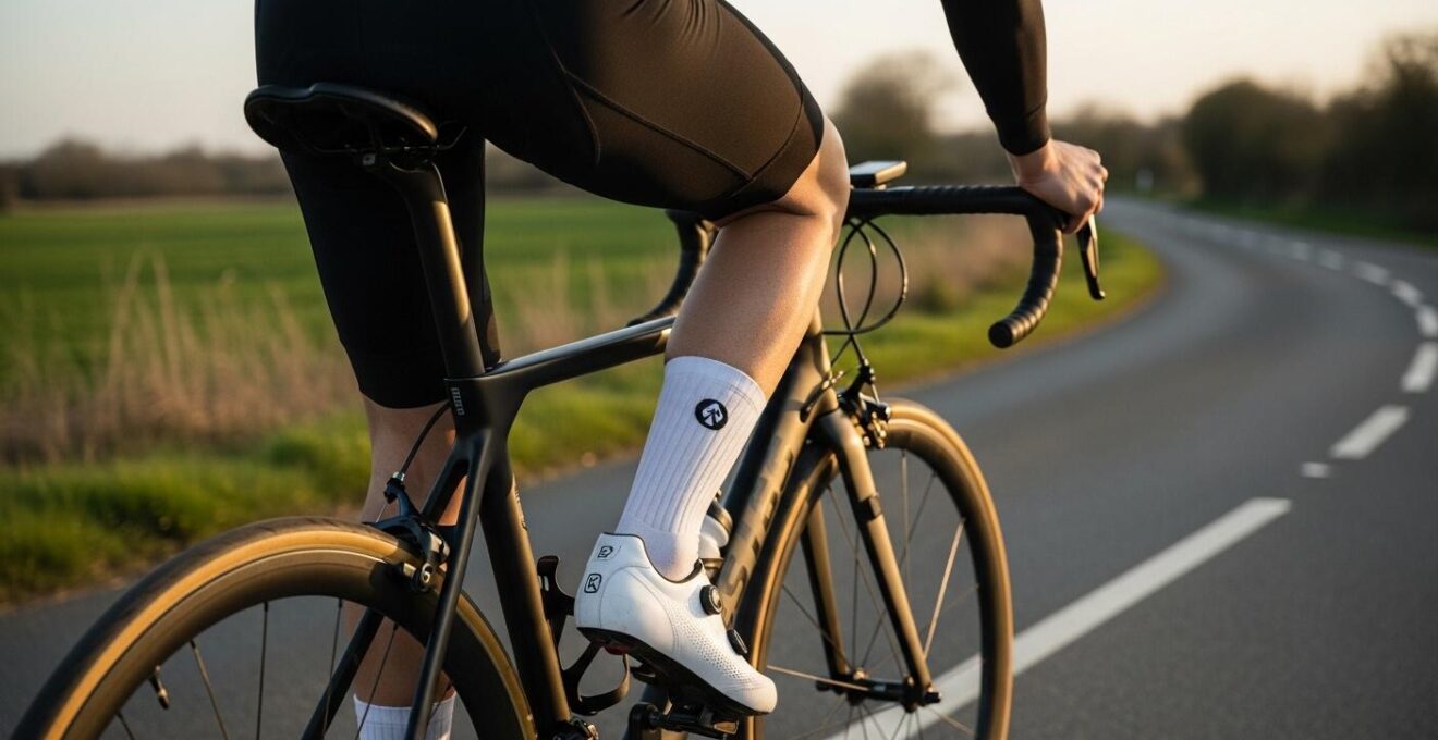 Ein Radfahrer mit moderner, gut ausgestatteter Ausrüstung auf einer landschaftlichen Tour, symbolisiert durch hochwertige Fahrradkomponenten und strategische Materialwahl
