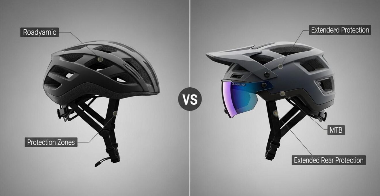 Seitenansicht eines Rennrad- und eines Mountainbike-Helms, die die unterschiedlichen Schutzzonen und Belüftungsöffnungen hervorheben.