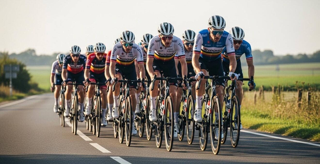 Zweireihige Rennradfahrer in Windschatten-Formation bei Seitenwind, sichtbar dynamische Bewegungen und Teamarbeit