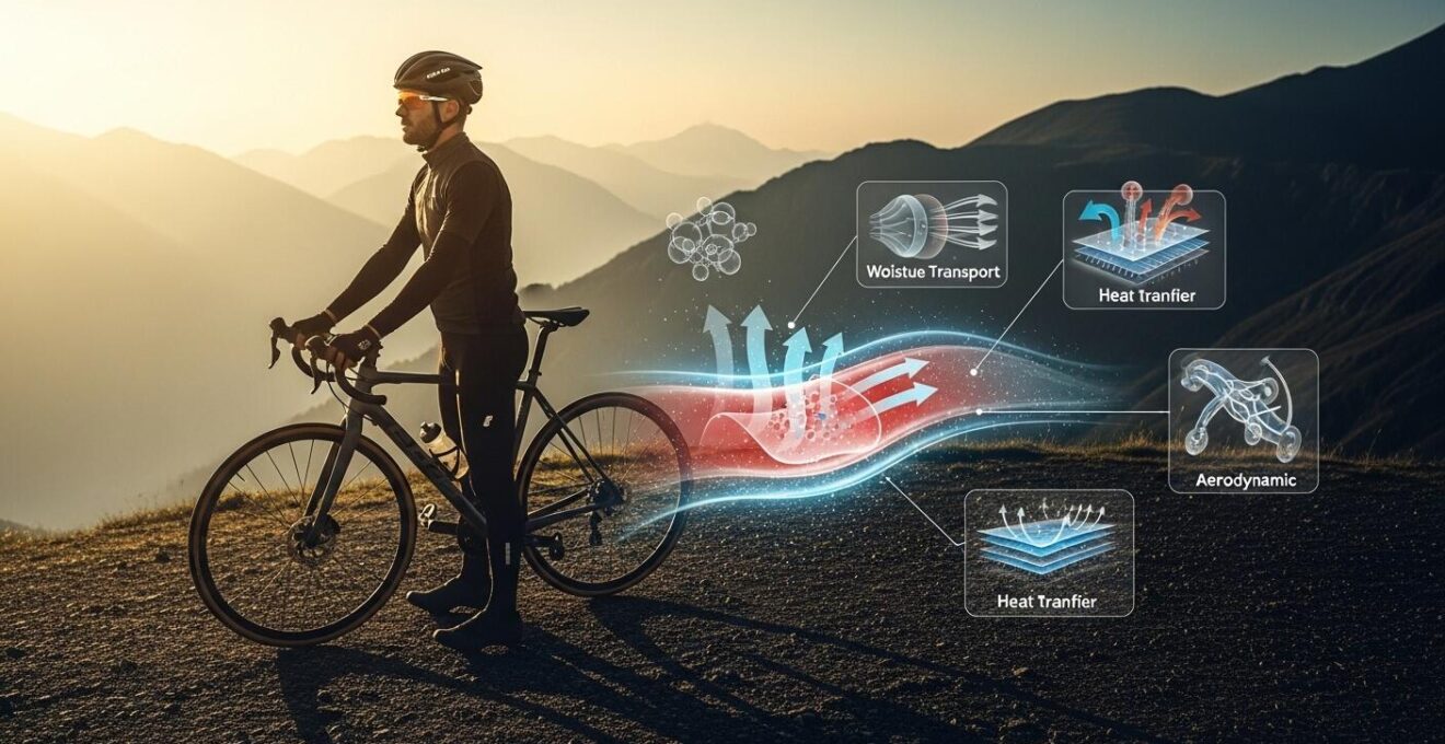 Fahrradfahrer in hochwertiger Funktionsbekleidung, symbolisch umgeben von wissenschaftlichen Elementen wie Molekülen und Wärmebild