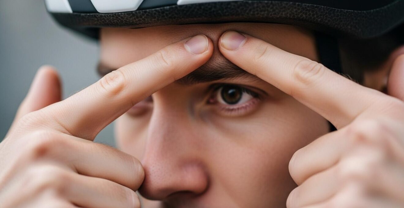 Ein Radfahrer, der den 2-Finger-Test an seinem Fahrradhelm durchführt, um die richtige Passform zu prüfen.