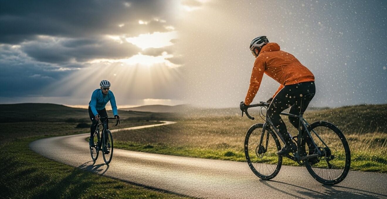 Ein Radfahrer gekleidet im Zwiebelprinzip mit drei Schichten bei wechselhaftem Wetter