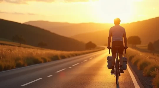 Ein Radfahrer auf einer malerischen Landstraße bei Sonnenaufgang, bereit für eine mehrtägige Radtour mit leichtem Gepäck.