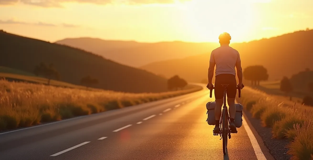 Ein Radfahrer auf einer malerischen Landstraße bei Sonnenaufgang, bereit für eine mehrtägige Radtour mit leichtem Gepäck.