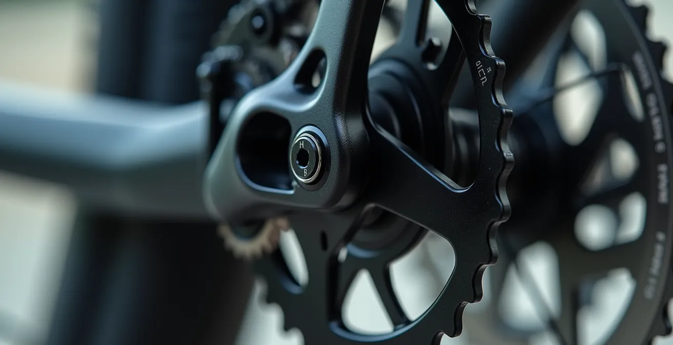 Nahaufnahme eines Fahrrad-Schaltwerks mit Einstellungen von H- und L-Anschlägen und der B-Schraube