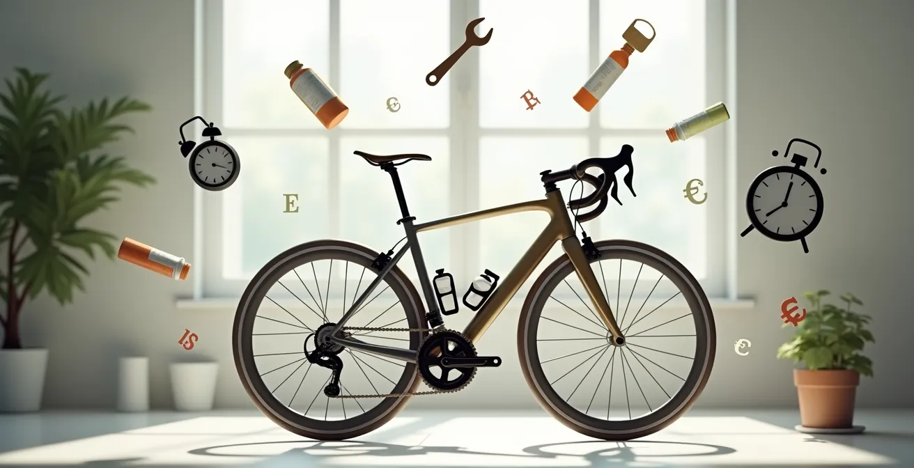 Ein hochwertiges Fahrrad auf einem sauberen Hintergrund mit Symbolen von Wartungswerkzeugen und Eurozeichen als Illustration für die Einsparungen durch kluge Fahrradwartung