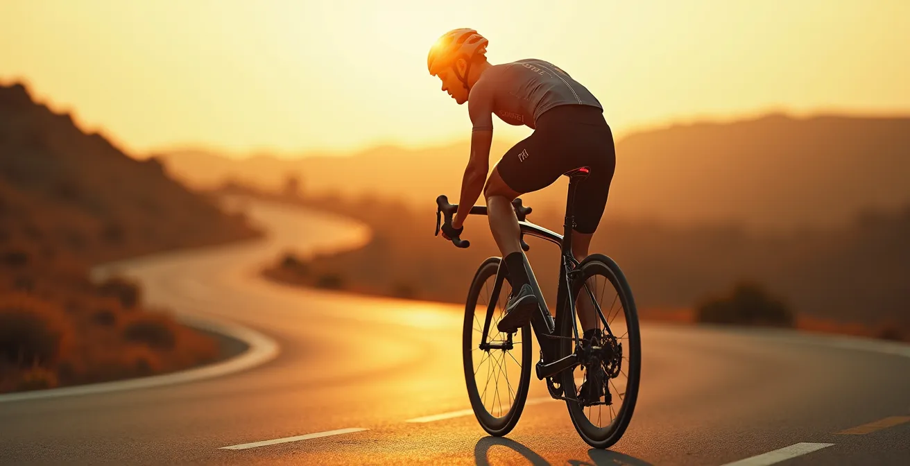Ein Fahrradfahrer in perfekter Fahrhaltung, der das Fahrrad als Erweiterung seines Körpers nutzt, dargestellt in harmonischer, biomechanischer Pose mit Fokus auf Körper und Bike-Integration.
