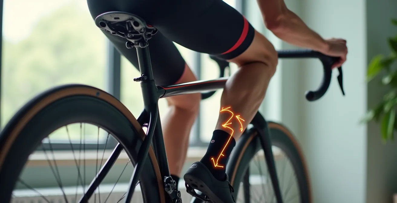 Illustration zeigt einen Radfahrer bei der dynamischen Feinjustierung der Sattelhöhe während einer kurzen Testfahrt mit sichtbaren Körpersignalen wie Hüftkippeln.