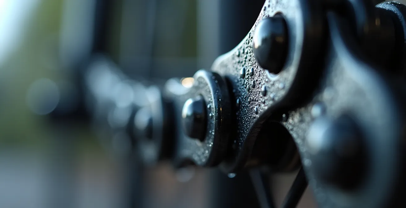 Nahaufnahme einer glänzenden, frisch geölten Fahrradkette in Bewegung