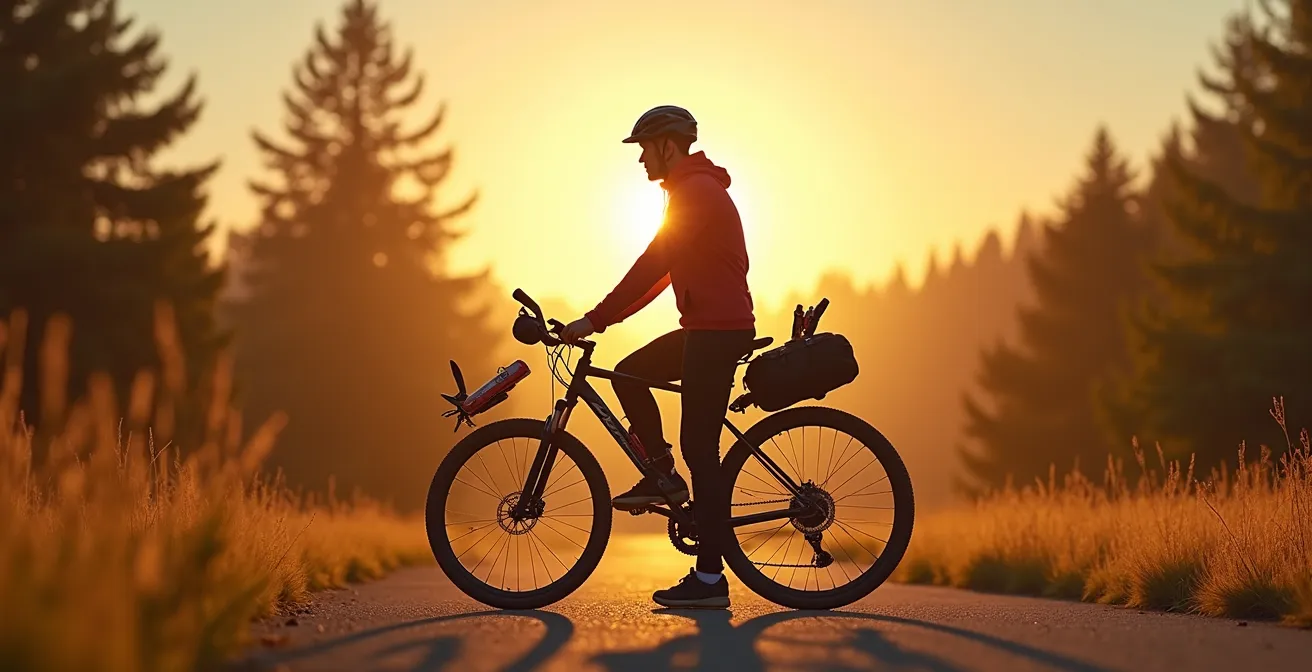 Ein Radtourist mit funktionaler Radbekleidung, dargestellt als Schweizer Taschenmesser mit vielseitigen Ausrüstungsoptionen