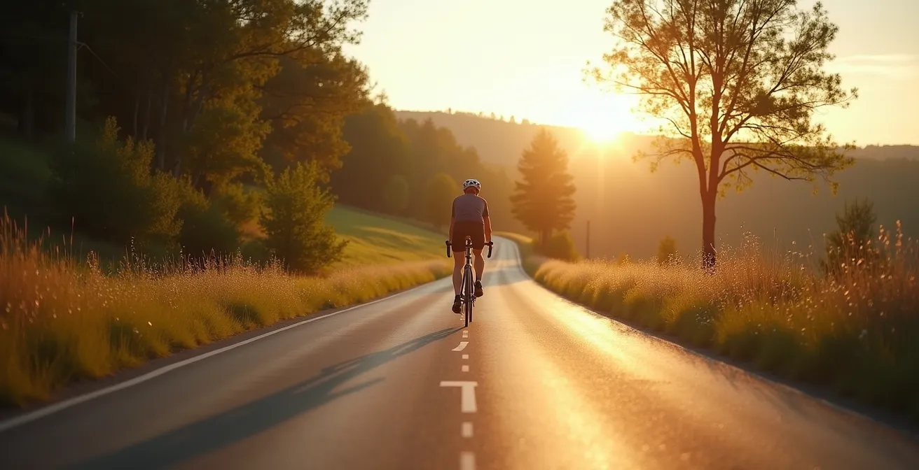 Ein Rennradfahrer auf einer schmalen, sonnenbeschienenen Asphaltstraße durch eine malerische ländliche Landschaft mit Bäumen und Hügeln.