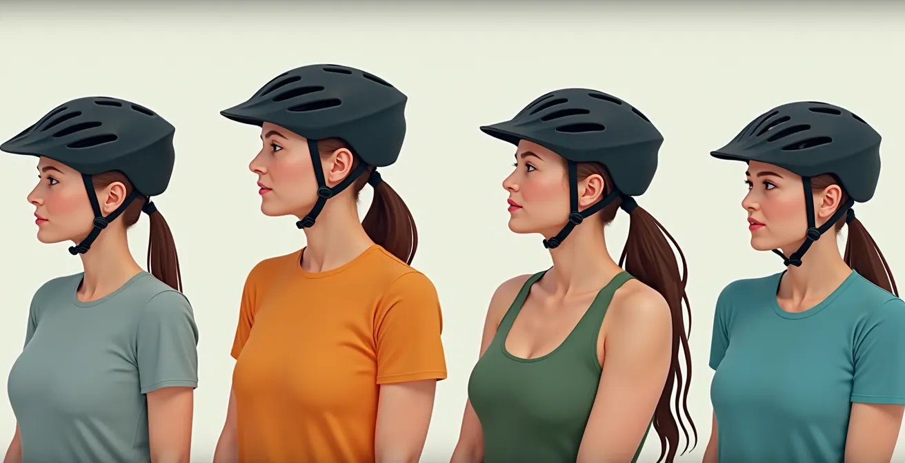 Illustration zur Darstellung des 2-Finger-Tests und Anpassung von Fahrradhelmen bei verschiedenen Frisuren