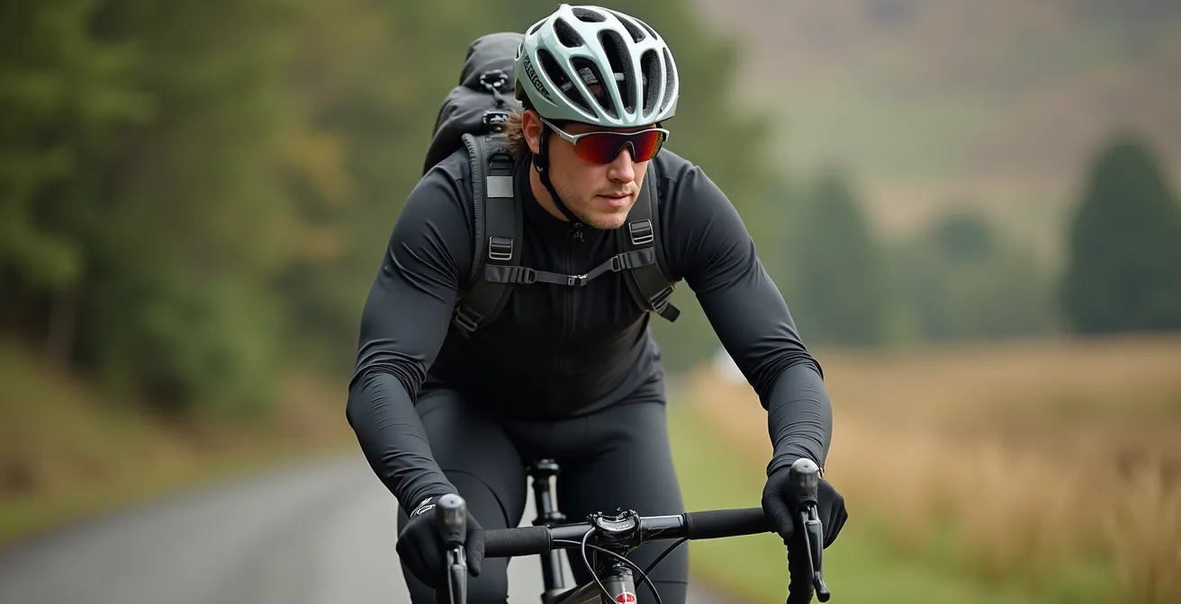 Radfahrer mit multifunktionalen Kleidungsstücken und modularen Elementen in Aktion