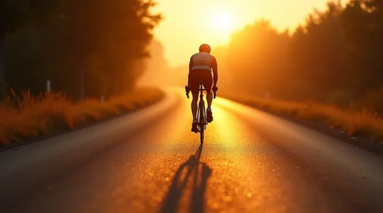 Ein Rennradfahrer fährt auf einer kurvigen Asphaltstraße bei Sonnenaufgang, der Asphalt zeigt unterschiedliche Texturen und Spiegelungen.