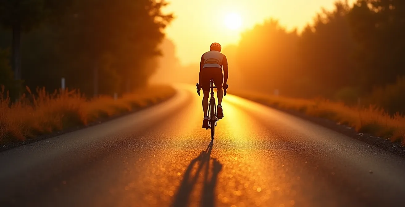 Ein Rennradfahrer fährt auf einer kurvigen Asphaltstraße bei Sonnenaufgang, der Asphalt zeigt unterschiedliche Texturen und Spiegelungen.