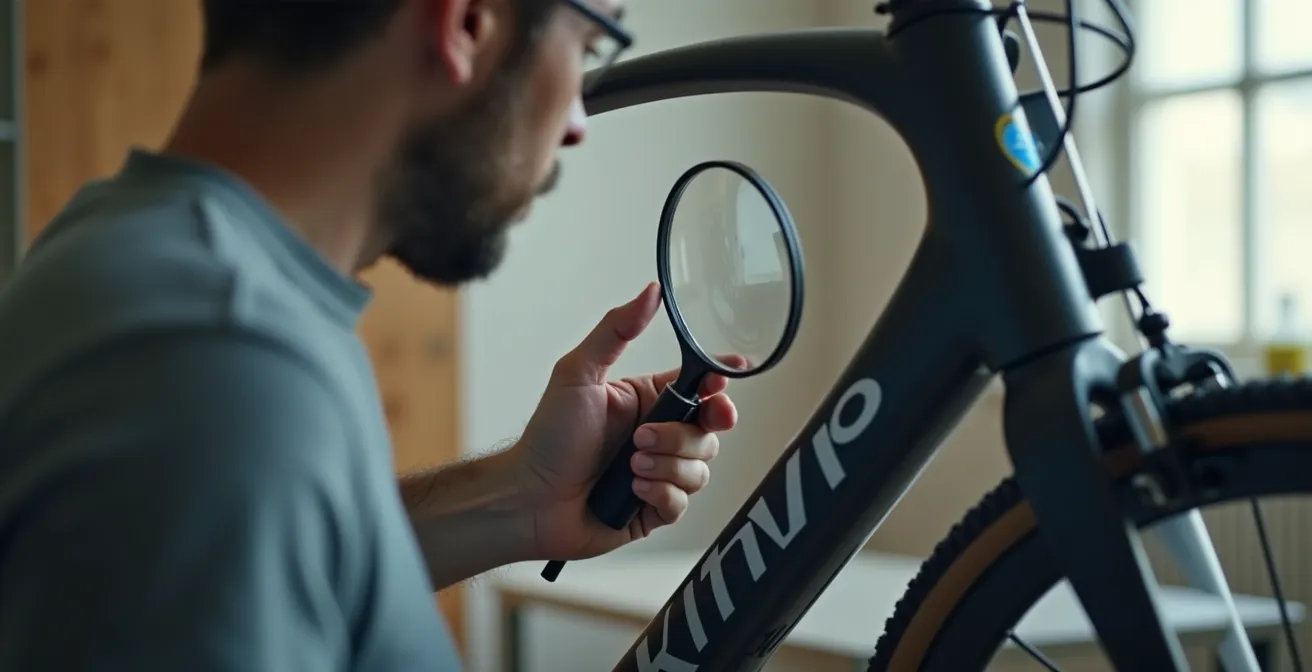 Ein Radfahrer, der mit einer Lupe einen Fahrradrahmen untersucht, während ein Münztest zur Klangprüfung im Hintergrund stattfindet, symbolisiert präzise visuelle und akustische Inspektion.