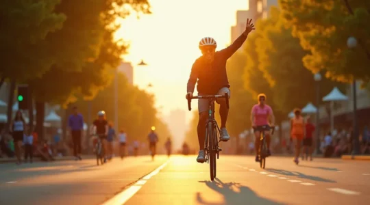 Ein Freizeitradfahrer in einem urbanen Umfeld, der entspannt und glücklich eine belebte grüne Straße entlangfährt, symbolisiert die Lebensbereicherung durch Fahrradfahren.