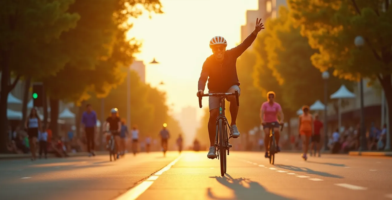 Ein Freizeitradfahrer in einem urbanen Umfeld, der entspannt und glücklich eine belebte grüne Straße entlangfährt, symbolisiert die Lebensbereicherung durch Fahrradfahren.