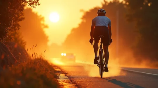 Radfahrer steuert aktiv seine Körpertemperatur durch Kleidung und Umweltanpassungen in einer sonnigen Landschaft