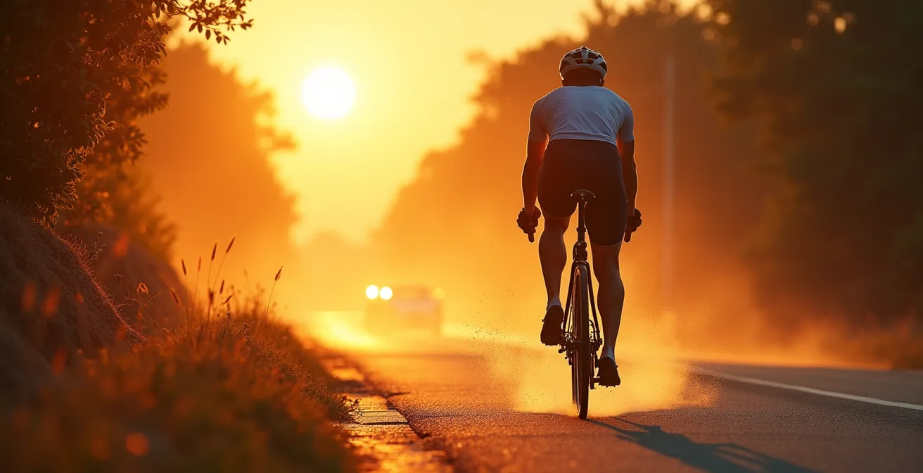 Radfahrer steuert aktiv seine Körpertemperatur durch Kleidung und Umweltanpassungen in einer sonnigen Landschaft