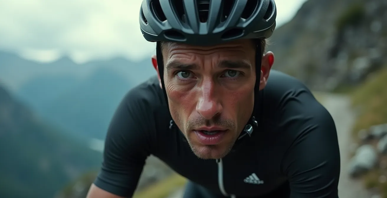 Ein Radfahrer auf einer steilen Bergetappe, mit konzentriertem Gesichtsausdruck und Fokus auf den Weg.