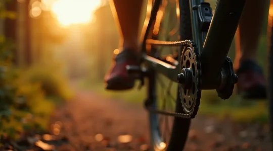 Ein Fahrrad mit glänzender, frisch geölter Kette auf einem malerischen Waldweg bei Sonnenuntergang