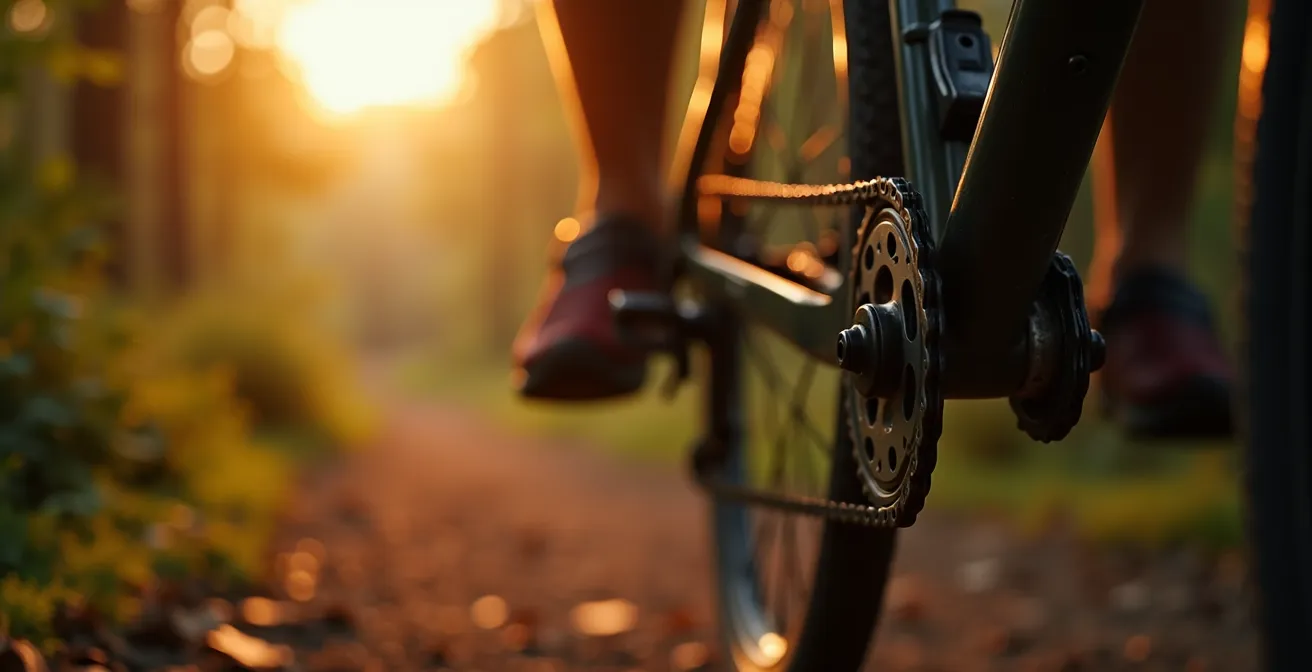 Ein Fahrrad mit glänzender, frisch geölter Kette auf einem malerischen Waldweg bei Sonnenuntergang