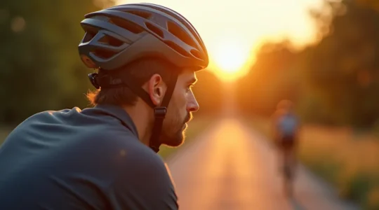 Symbolische Darstellung eines perfekt sitzenden Fahrradhelms auf dem Kopf eines Radtouristen