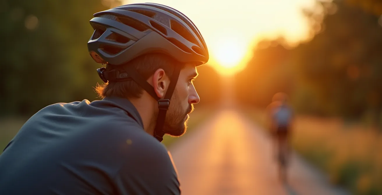 Symbolische Darstellung eines perfekt sitzenden Fahrradhelms auf dem Kopf eines Radtouristen